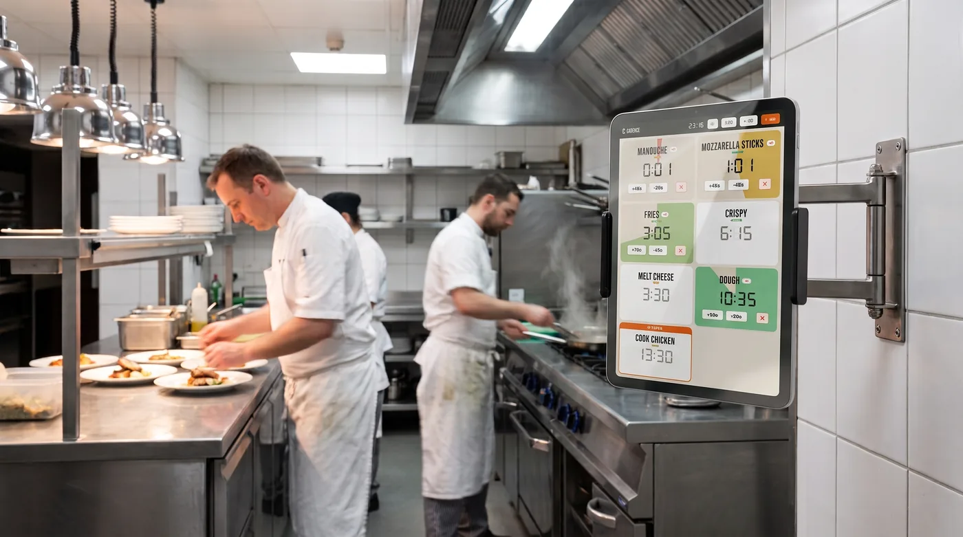 CookOnTime kitchen timer app running on a wall-mounted tablet in a professional restaurant kitchen during service